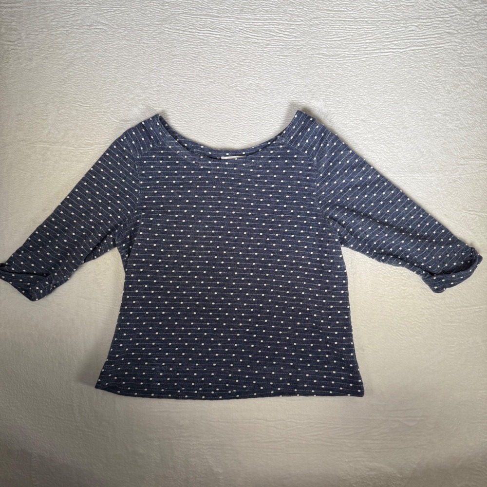 Coldwater Creek Blue Polka Dot Boat Neck 3/4 Sleeve Cotton Knit Top Large 14‎